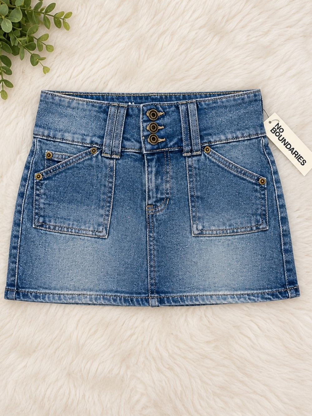 No Boundaries Denim Mini Skirt in Blue with Triple Button Waist